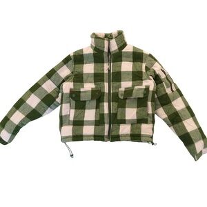 Green and cream checkered insulated puffer coat